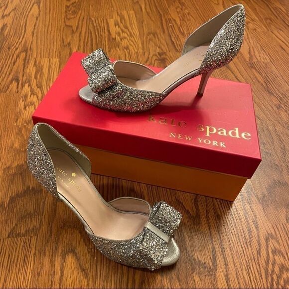 Kate Spade Sela Silver Glitter Bow Peep Toe Pumps - Picture 1 of 7
